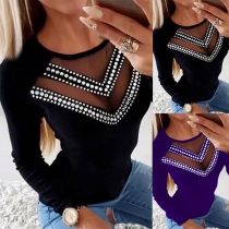 Sexy Gauze Spliced Long Sleeve Round Neck Beaded Top