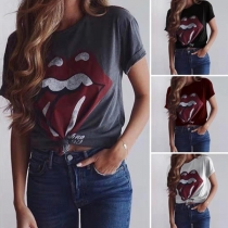 Chic Style Short Sleeve Round Neck Red-lip Printed T-shirt