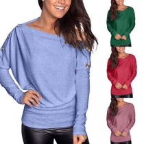 Fashion Solid Color Long Sleeve Boat Neck T-shirt