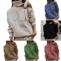 Sexy Off-shoulder Long Sleeve Solid Color Turtleneck Sweater