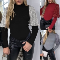 Fashion Sequin Spliced Lantern Sleeve Mock Neck Slim Fit Top