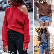 Sexy Off-shoulder Long Sleeve Turtleneck Solid Color Sweater