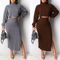 Sexy Long Sleeve Turtleneck Crop Top + Slit Hem Skirt Knit Two-piece Set