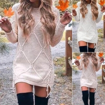 Fashion Solid Color Long Sleeve Round Neck Side Lace-up Sweater Dress