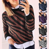 Fashion Long Sleeve Round Neck Striped Knit Top