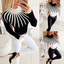 Fashion Contrast Color Long Sleeve Mock Neck Slim Fit Knit Top