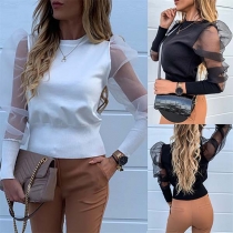 Sexy Gauze Spliced Puff Sleeve Round Neck Solid Color Top