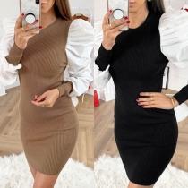 Fashion Contrast Color Puff Sleeve Round Neck Slim Fit Dress
