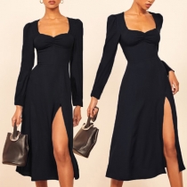Sexy Slit Hem Long Sleeve Square Collar Solid Color Dress
