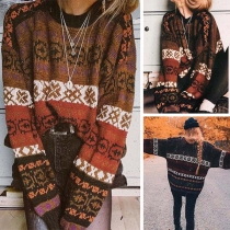 Fashion Dolman Sleeve Round Neck Printed Sweater