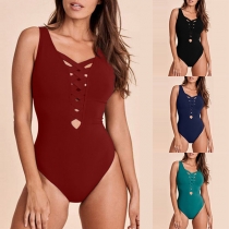 Sexy Backless Crossover Lace-up Solid Color One-piece Swimsuit