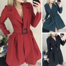 Fashion Long Sleeve Notched Lapel Solid Color Cardigan with Waistband
