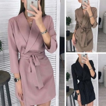 OL Style Long Sleeve Nocthed Lapel Solid Color Dress