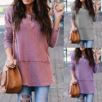 Simple Style Long Sleeve V-neck Solid Color Loose T-shirt