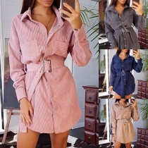 Fashion Long Sleeve POLO Collar Shirt dress with Waist Strap