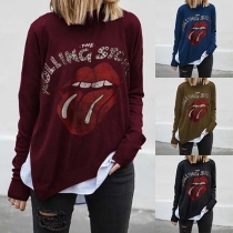 Chic Style Red-lip Printed Long Sleeve Round Neck Loose Sweatshirt