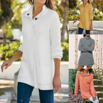 Fashion Solid Color Long Sleeve Stand Collar Front-pocket Knit Top