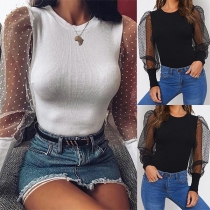 Sexy Gauze Spliced Puff Sleeve Round Neck Bodysuit