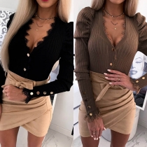 Sexy Lace Spliced V-neck Long Sleeve Solid Color Thin Cardigan