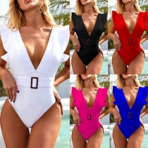 Sexy Backless Solid Color Ruffle One-piece Swimsuit