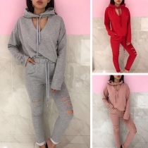 Fashion Solid Color Hooded Sweatshirt + Ripped Pants Two-piece Set