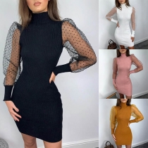 Sexy Gauze Spliced Puff Sleeve Turtleneck Slim Fit Knit Dress