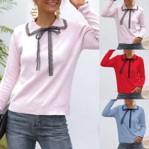 Sweet Style Lace Spliced Doll Collar Long Sleeve Knit Top
