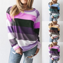 Casual Style Long Sleeve Round Neck Striped Sweatshirt