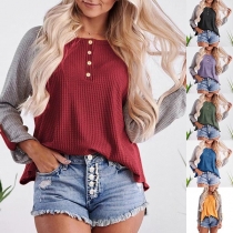 Fashion Contrast Color Long Sleeve Round Neck Loose T-shirt