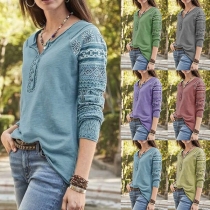 Fashion Lace Spliced Long Sleeve V-neck Solid Color T-shirt