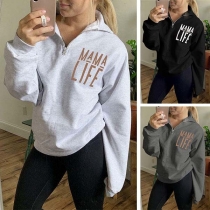 Fashion Letters Printed Long Sleeve Stand Collar Sweatshirt