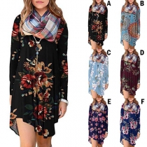 Fashion Long Sleeve V-neck Irregular Hem Loose Printed Dress