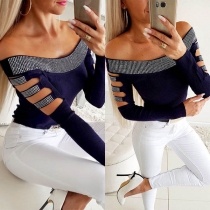 Sexy Off-shoulder Boat Neck Hollow Out Long Sleeve Rhinestone Top