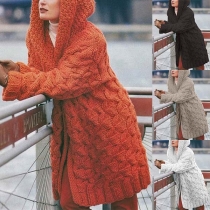Fashion Solid Color Long Sleeve Hooded Knit Cardigan