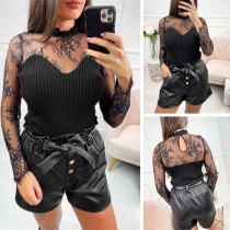 Sexy See-through Lace Spliced Ruffle Collar Slim Fit Top