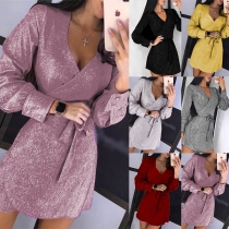 Sexy V-neck Long Sleeve Slim Fit Lace-up Sequin Party Dress