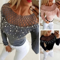 Sexy Hollow Out Gauze Spliced Long Sleeve Beaded T-shirt