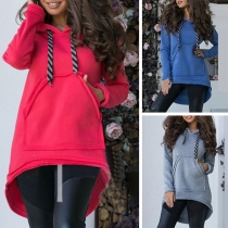 Fashion Solid Color Long Sleeve High-low Hem Hooded Sweatshirt