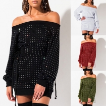 Sexy Off-shoulder Boat Neck Long Sleeve Lace-up Rhinestone Dress