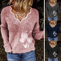 Fashion Long Sleeve V-neck Dandelion Pattern Knit Top