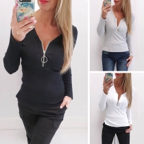 Fashion Solid Color Long Sleeve Zipper V-neck T-shirt