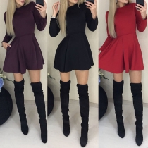 Fashion Solid Color Long Sleeve Round Neck High Waist Dress