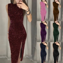 Sexy Slit Hem Sleeveless Round Neck Slim Fit Party Dress