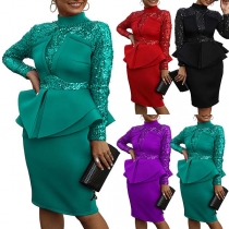 Elegant Solid Color Long Sleeve Sequin Spliced Ruffle Dress