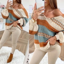 Fashion Contrast Color Long Sleeve V-neck Loose Sweater