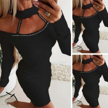 Sexy Hollow Out Long Sleeve Slim Fit Rhinestone Spliced Halter Dress