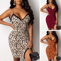 Sexy Backless V-neck Slit Hem Leopard Printed Sling Dress