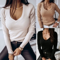 Fashion Solid Color Long Sleeve V-neck T-shirt