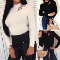 Sexy Hollow Out Long Sleeve Mock Neck Slim Fit Top