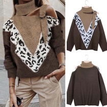 Sexy Off-shoulder Long Sleeve Turtleneck Leopard Spliced Sweater